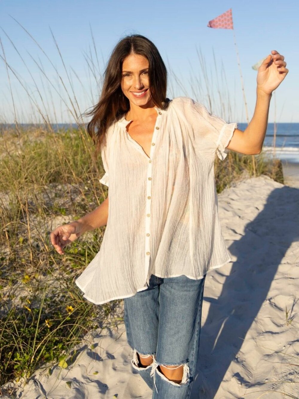 NATURAL LIFE Lightweight Cream Button-Front Peasant Blouse